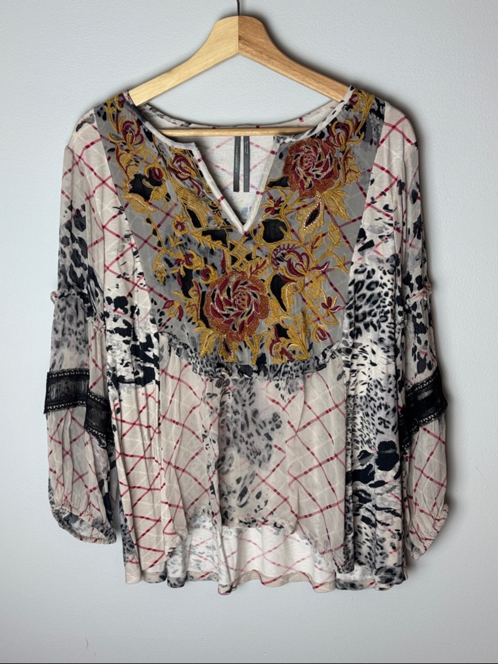 Anthropologie Mixed Media Animal Print Top L